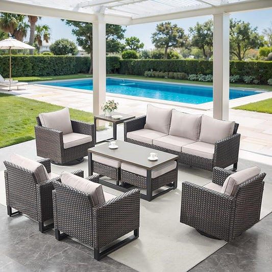 9 Piece Wicker Patio Furniture Set - Outdoor Swivel Rocker Chairs Set with Coffee Table, Rattan Chairs, 3 Seat Sofa & Ottomans, Patio Conversation Sets for Bcakyard Deck - Brown/Beige