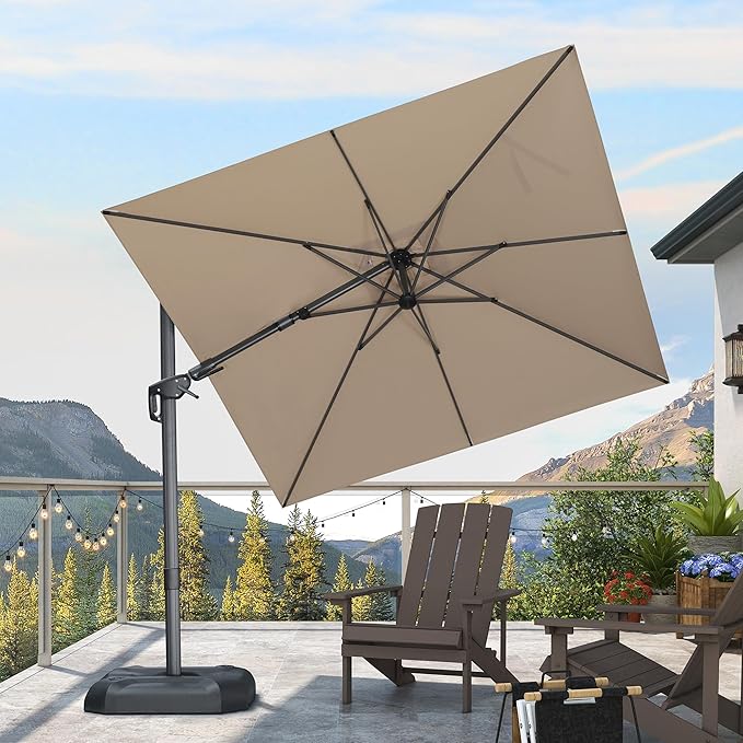 PURPLE LEAF 8' X 8' Tilting Patio Umbrella with Base Outdoor Cantilever Swivel Square Umbrella with Tilt Aluminum Offset Umbrella with 360-degree Rotation for Garden Deck Pool Patio Beige