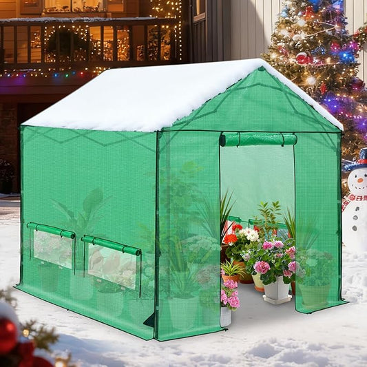 COOS BAY 10x10 FT Pop up Greenhouse Outdoor with Winter Support Pole, Walk in Green House with Power Access Openings, Zippered Doors & Windows, Durable PE Cover, Green