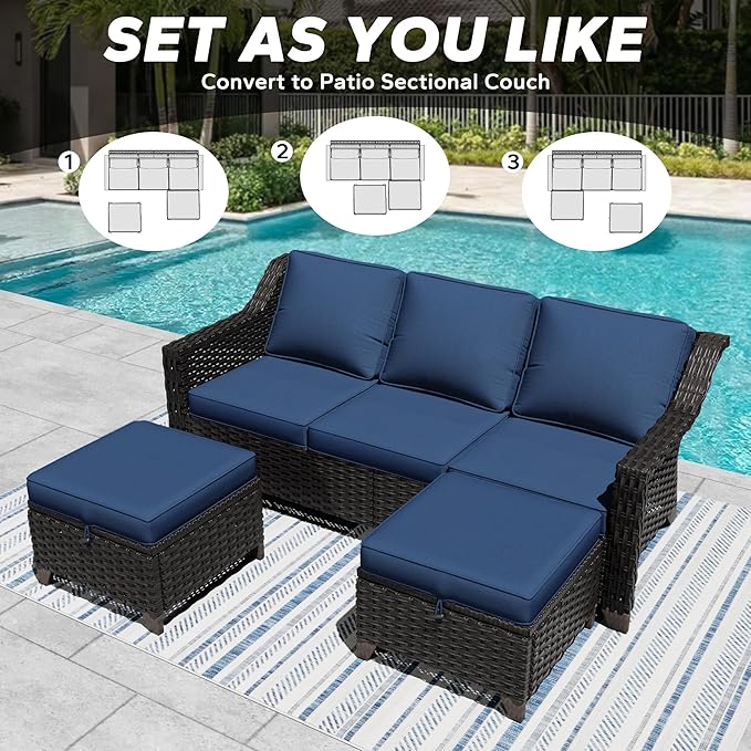 3 Pieces Outdoor Conversation Furniture Set - 77" Patio Sofa, 2 Rattan Wicker Ottomans, Patio Wicker Couch Set with Water-Resistant for Sunroom, Deck, Porch (Navy Blue)