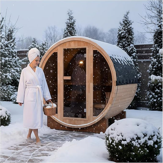 Outdoor Wood Steam Barrel Sauna, Canadian Hemlock Sauna Room for 3 to 4 Person, 6KW ETL Certified Harvia Heater, Asphalt Shingles, Panoramic View Window, 8mm Tempered Glass, L-Shaped Bench, 220V