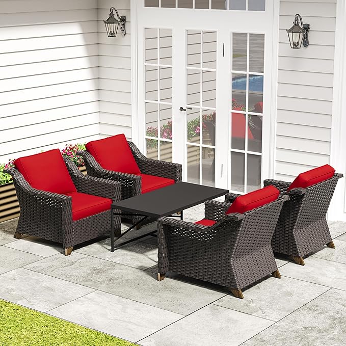 5 Pieces Outdoor Conversation Furniture Set - 4 PE Rattan Armchairs, 1 Metal Coffee Table, Patio Wicker Furniture Set with Water-Resistant Cushions for Swimming Pool, Sunroom (Red)