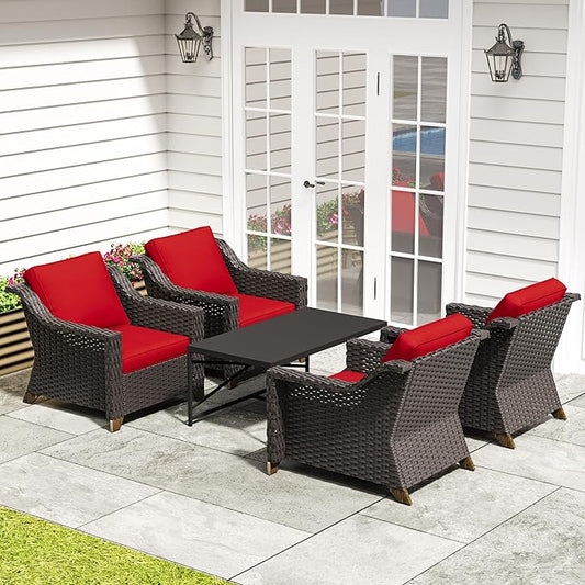 5 Pieces Outdoor Conversation Furniture Set - 4 PE Rattan Armchairs, 1 Metal Coffee Table, Patio Wicker Furniture Set with Water-Resistant Cushions for Swimming Pool, Sunroom (Red)