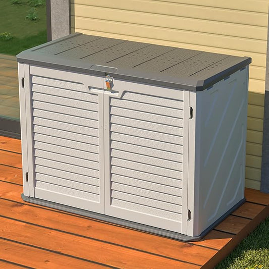 Outdoor Storage Shed Horizontal Plastic Shed W/Removable Shelf & Lockable Cabinet,Weather Resistance Foldable House W/Sloped Roof & Dual-Locking Mechanism,28 Cu.ft Garden Tool House,White