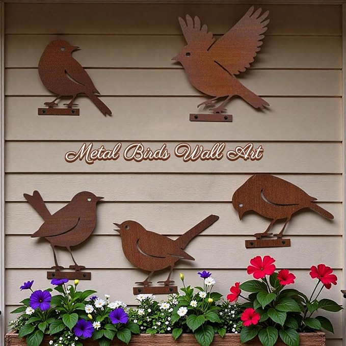 5PCS Rusty Metal Birds Decoration, Metal Birds Fence Decor, Outdoor Bird Wall Decor, Bird Silhouette Yard Art, Garden Sculptures & Statue Ornaments, Fence Decorations Outdoor, Rustic Garden Decor