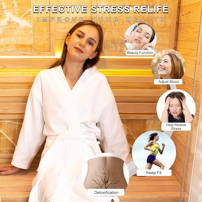 Smartmak Wood Home Steam Sauna, WiFi Control 3 Person Canadian Hemlock Traditional Luxurious Wooden Indoor Spa Room, with 4.5 kw Heater, Speaker, Rocks, Water Bucket, Spoon, Sky Lights