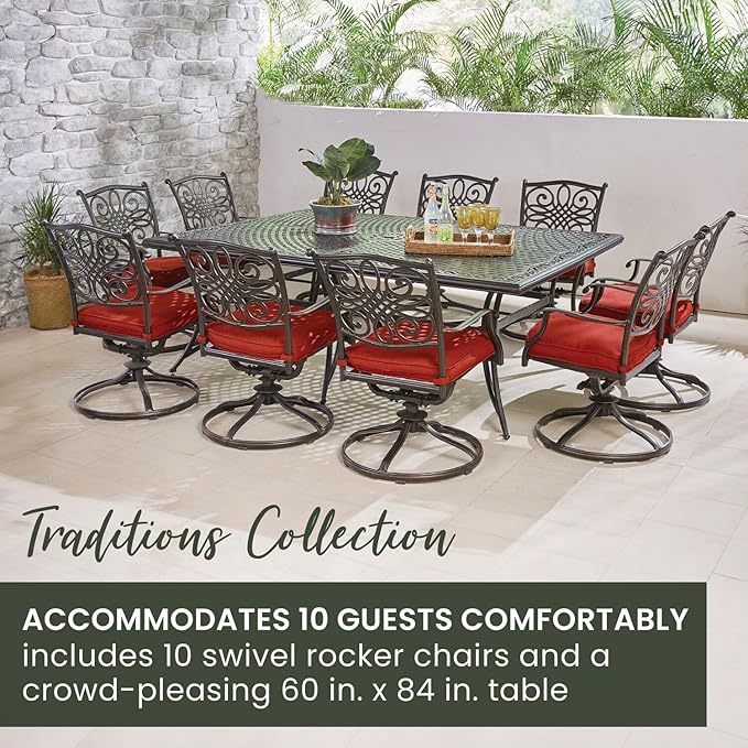 Hanover Traditions 11-Piece Modern Outdoor Dining Set with Rust Resistant Cast Aluminum Rectangular Large Dining Table and 10 Swivel Rocker Chairs with Plush Weather Resistant Red Cushions