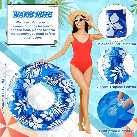 Jumbo Float Tube 47.24 Inches Inflatable Pool Floats Large Pool Tube Tropical Leaves Inflatable Tube Blue White Pool Rings Beach Swimming Ring for Adults Summer Supplies