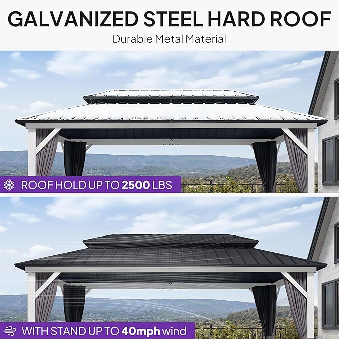 PURPLE LEAF 8' X 14' Hardtop Gazebo Metal Double Roof White Aluminum Frame Outdoor Heavy Duty Gazebo with Curtain and Netting for Patio Garden and Backyard, Grey