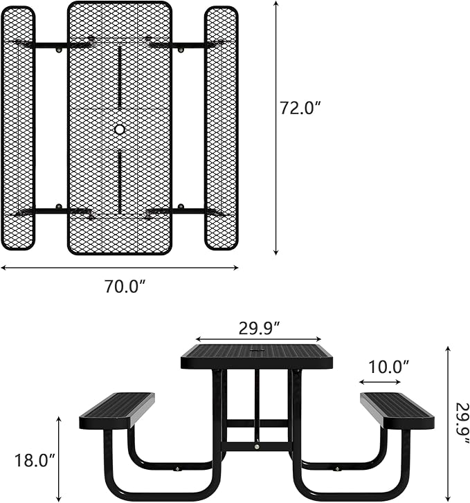 6FT Steel Metal Picnic Table with Benches, Rectangular Lifetime Picnic Table, Outdoor Furniture Heavy Duty Sturdy Commercial Picnic Tables for Patio Garden Courtyard BBQ Shopping Centers