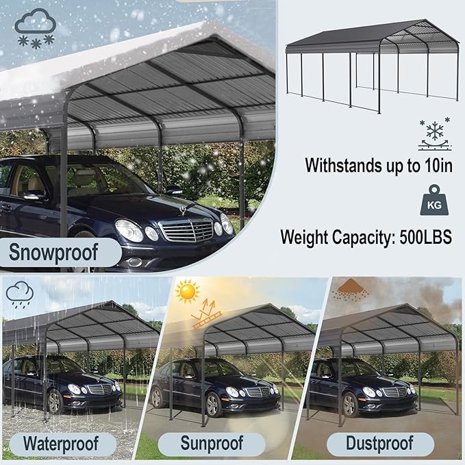 Ball & Cast 12x20 FT Carport with Galvanized Steel Roof, Heavy Duty Metal Carport Canopy, Metal Carport Garage Outdoor Storage Shed for Car, Boats and Truck, Gray
