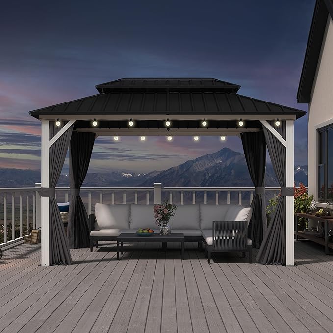 PURPLE LEAF 8' X 12' Outdoor Gazebo Galvanized Steel Double Roof White Aluminum Frame Hardtop Heavy Duty Gazebo with Curtain and Netting for Patio Garden and Backyard, Grey