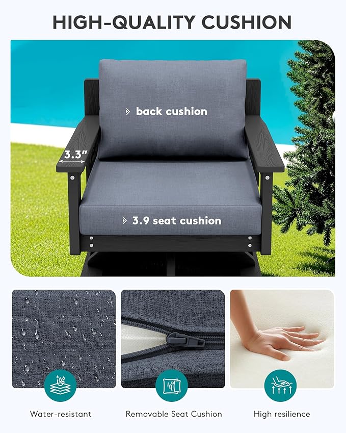 SERWALL HDPE Outdoor Patio Furniture Set, All-Weather 3-Seater Couch with 2 Single Seat Swivel Sofas with Thick Cushions for Lawn, Deck, Black Frame with Gray Cushions