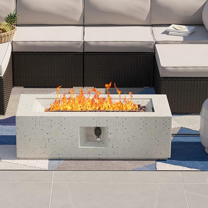 SUNBURY Outdoor 42 Inch Propane Fire Pit Table, Rectangular Fire Table, 40,000 BTU Spotted White Patio Gas Fire Table w Lava Rocks, Waterproof Cover