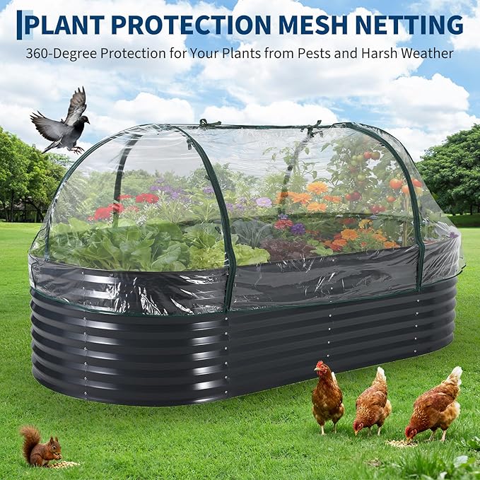 Oval Galvanized Raised Garden Bed Kit with Zippered PVC Cover, Easy Assembly, Thick Metal Outdoor Planter Box for Vegetables, Flowers, Patio Gardening, Grey