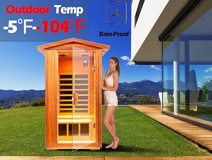 LTCCDSS Outdoor Mahogany Sauna 1 Person, Low EMF Far Infrared Sauna for Home, Withstand Outdoor Temp -10℉-149℉| EMF Readings Below 0.5mG, 9 Low EMF Boards-Chromotherapy-Bluetooth Speaker