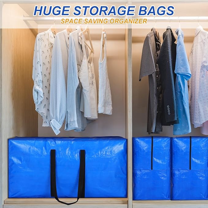 Windyun 4 Pack 75 Gallon Extra Large Storage Bags XXL Moving Bags with Zipper Handles Heavy Duty Jumbo Big Tote Box for Christmas Tree Storage 4, 5, 7.5, 9, 10, 12 ft Skeleton College Dorm(Blue)