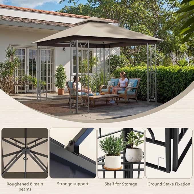 Sannwsg 10x10 FT Outdoor Patio Gazebo, Heavy Duty Gazebos, Soft Top Gazebo with Metal Frame, Double Roof Canopy, Permanent Pavilion for Decks & Backyards