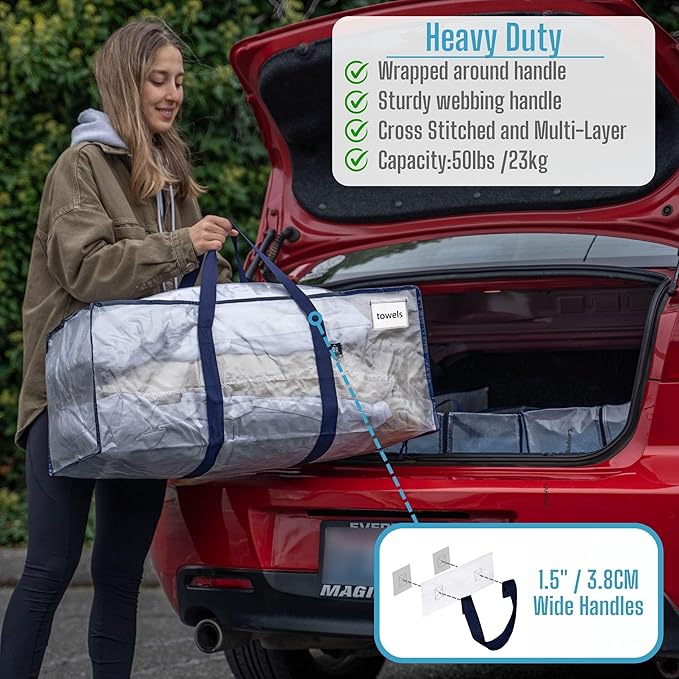 VENO 10 Pack Moving Bags, Christmas Storage Containers, Storage Bins with Lids, Reinforced Wraparound Handles, Packing Bags for Clothes, Bedding, Comforters (Clear, 10 Pack)
