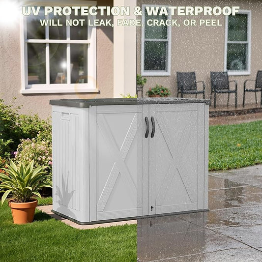 Patiowell 25 Cu.ft Outdoor Storage Cabinet with Lockable Door, Waterproof Horizontal Storage Shed for Tools and Patio Furniture, All-Weather Resin Shed Easy Assemble for Pool or Backyards, White