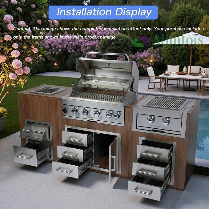 Built in Gas Grill Package: 32" 4-Burner Propane Gas Grill (60,000 BTU) + 26" Powerful Dual Rear Infrared Side Burner + Drop In Storage Drawers + insert Ice Bin + 6 Cooking Conversions