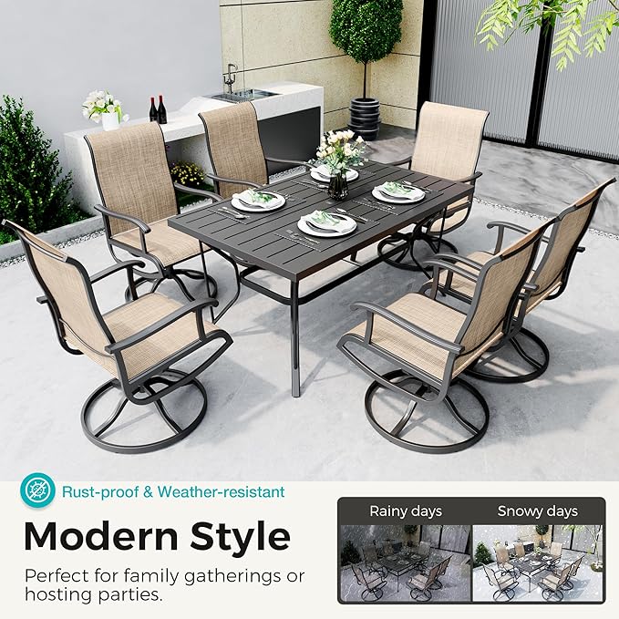 7-Piece Outdoor Dining Set, Patio Furniture Set with Textilene Swivel Chairs,Outdoor Table & 6 Chairs for Garden, Backyard, Poolside, Deck, Beige
