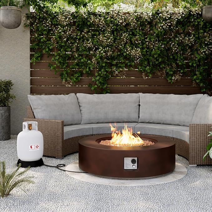 SUNBURY Outdoor 42-Inch Propane Fire Pit,Dark Brown Concrete Patio Fire Table 50,000 BTU w Waterproof Cover, Lava Rocks