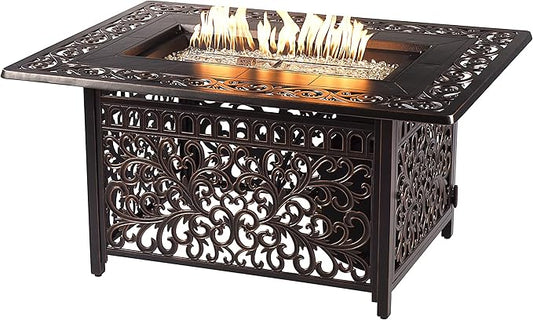Aluminum 57,0000 BTU 48 in. Rectangular Propane Black Fire Pit Table with Fire Beads, Lid, Propane Tank Cover and Table Fabric Covers in Copper