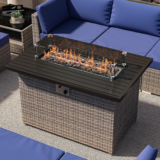 EAGLE PEAK 42'' Rectangular Propane Gas Fire Pit Table with Glass Beads， Wind Guard & Cover Storage, 50,000 BTU Outdoor Firepit Tabletop with Lid and Tank Compartment, Gray PE Rattan