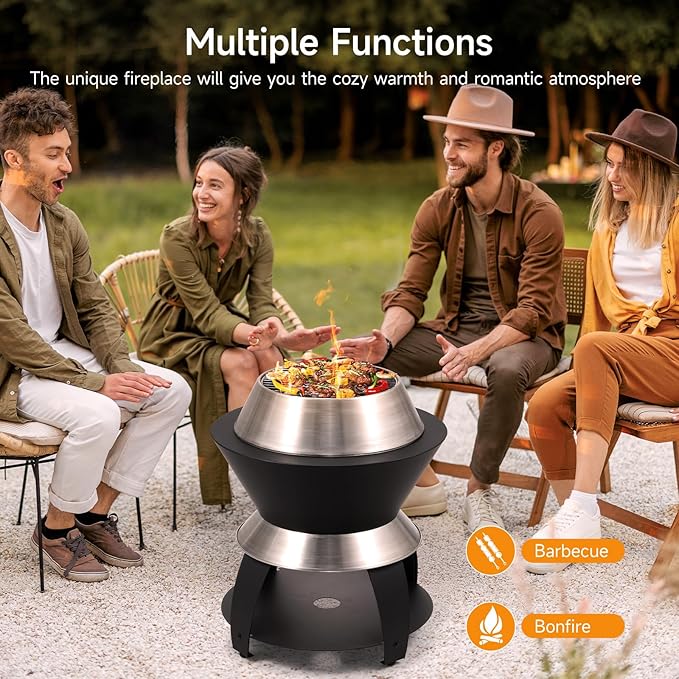 ONBRILL 20 Inch Smokeless Firepit, Outdoor Fire Pit with Waterproof Lid, Removable Ash Pan, Handbag, 2 in 1 Stainless Steel Potable Fire Pits for Outside Wood Burning, Bonfire, Camping, Picnic, Black