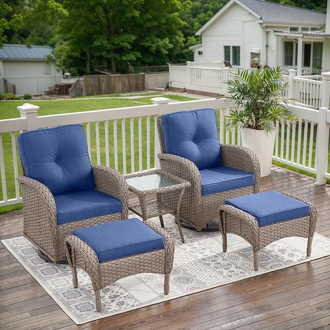 Belord 5 Pieces Wicker Patio Furniture Set - Swivel Rocker Outdoor Chairs with Ottomans and Side Table, Small Patio Conversation Set for Porch Deck Backyard