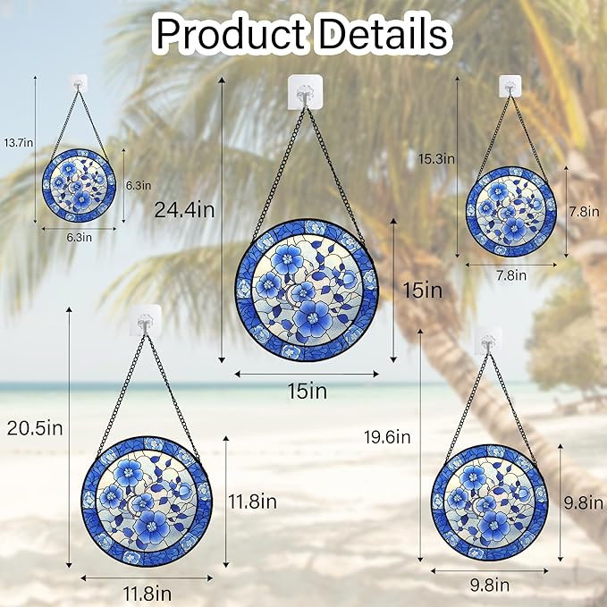 AMDERVEN Stained Glass Window Hanging, Blue and White Plum Blossom Sun Catcher for Door Home Decor Flowers Suncatcher Christmas Mother's Day Birthday Gifts for Women Men Mom and Nana 6.3 in