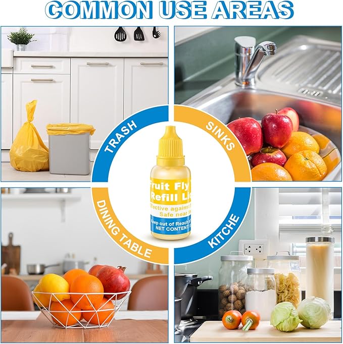 Qualirey Fruit Fly Trap for Indoor and Kitchen Use, 0.68 oz Each Bottle Fruit Fly Trap Refill Liquid, Ready to Use, Safe Near Food, Efficient Lure Refill Liquid, Yellow(4 Pack)