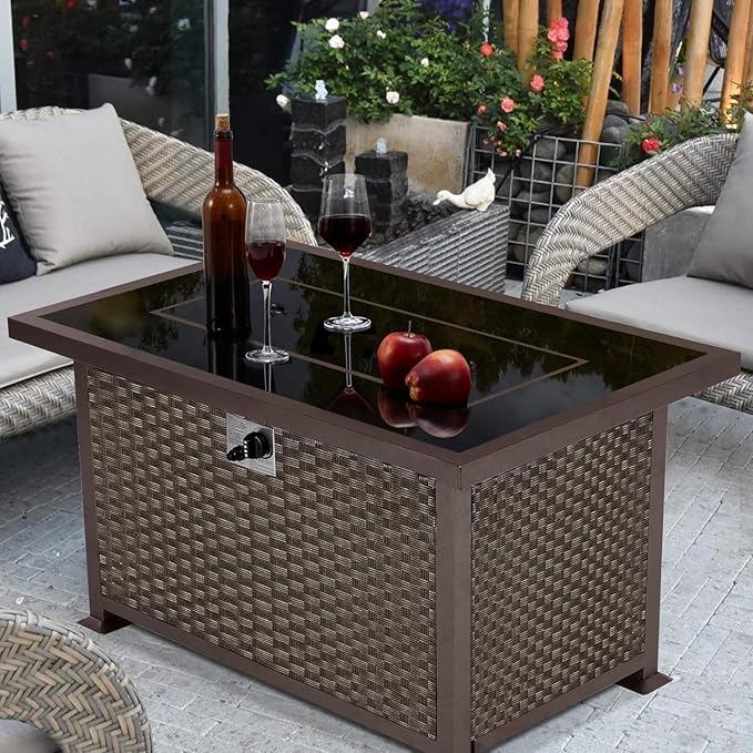 U-MAX 44in Outdoor Propane Gas Fire Pit Table, 50,000 BTU Auto-Ignition Gas Firepit with Glass Wind Guard, Black Tempered Glass Tabletop & Blue Glass Rock, Brown PE Rattan, CSA Certification
