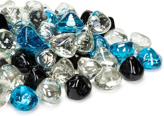 Fire Glass Diamond 1 Inch Fire Pit Glass Rocks for Propane or Gas Fire Pit 20 Pounds White/Onyx Black/Margarita Azura Blue Blend