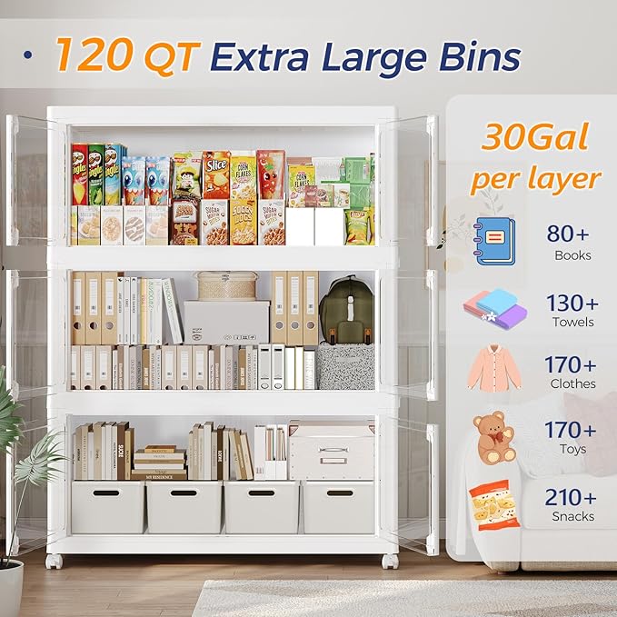 360Qt Stackable Storage Bins with Lid and Wheels, 90Gal Plastic Closet Organizer and Storage Drawer, Large Collapsible Storages Box Cabinet with Clear Door for Home Kitchen Office, 3Pack White