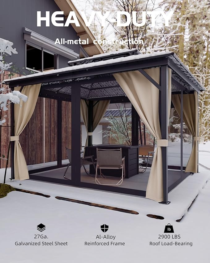 GarveeLife Hardtop Gazebo 12 ft x14 ft for All Weather, with Double Metal Roof, Aluminum Alloy Frame, Net, and Curtain, Permanent Building for Patio, Deck, Backyard, Lawn, and Garden