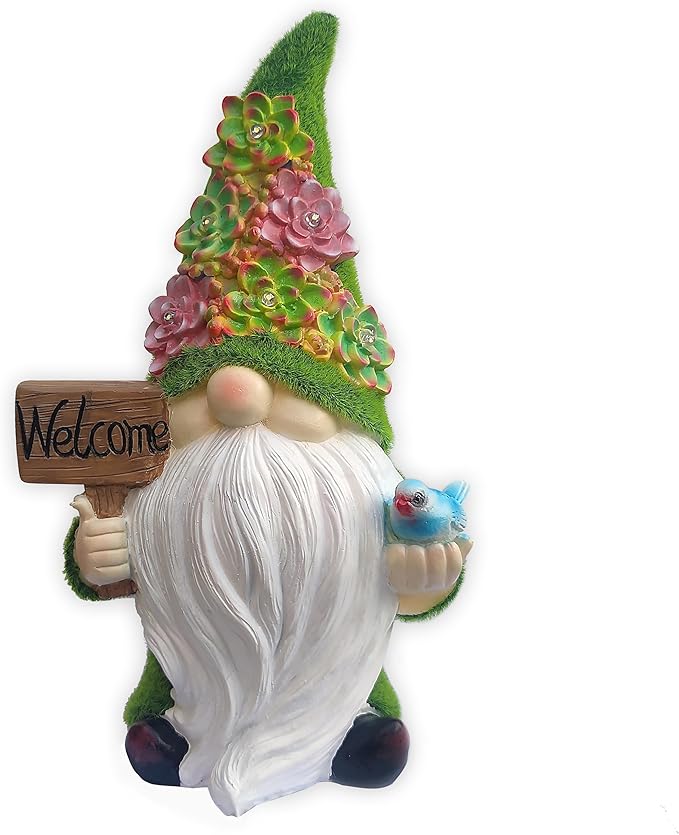 VIOYOUNS Solar Gnomes Garden Statues,Resin Gnome Figurine Holding Welcome Card and Bird with Solar Lights, Outdoor Gnomes Decorations for Yard Patio Lawn Porch, Garden Gifts