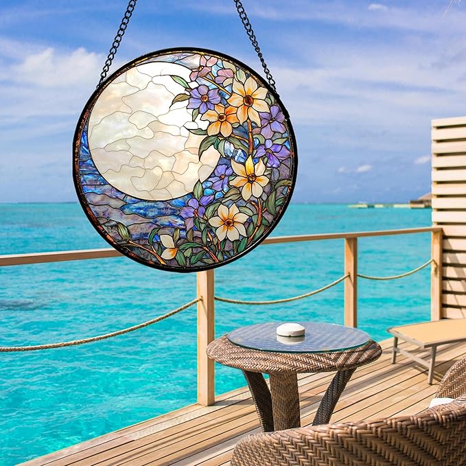 JOSUMALY Stained Glass Window Hanging - White Purple Moon Flowers Suncatcher for Door Terrace Garden Home Decor Landscape Sun Catcher Birthday Gifts for Lovers Women Men Dad Mom Nana 15 in