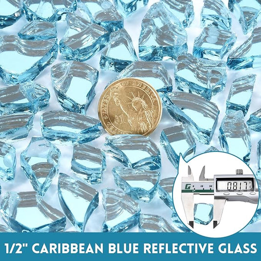 GasSaf 1/2 Inch Fire Glass Reflective Tempered Fireglass Cut Crushed FireGlass for Fire Pit, Fireplace, Replaces Existing Gas Logs & Lava Rocks (20 Pound)(Caribbean Blue Reflective).