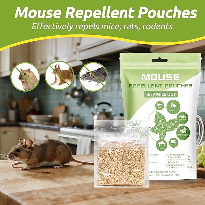 Mouse Repellent Pouches (12), Botanical Rodent Repellent Indoor, Extra-Strength Peppermint Oil to Repel Mice Rodents and Rats from House, RV, Car, Garage and Cabin