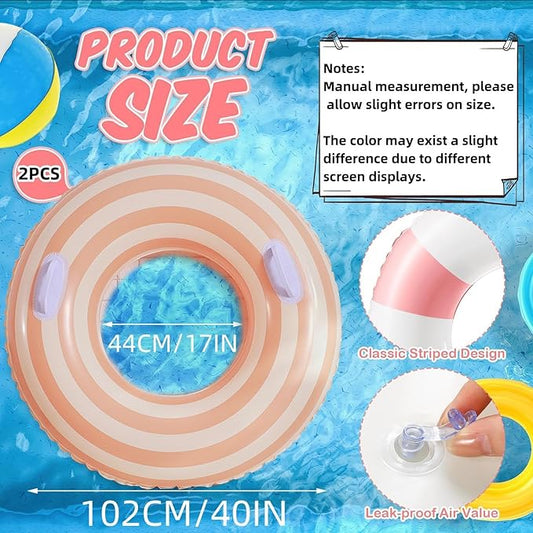 2 PCS Striped Pool Floats for Adults Swimming Rings Tube with Handles -Inflatable Pool Float Tube for Adults Pool Floats for The Beach, Party, Vacation