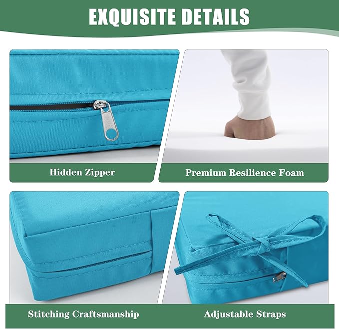 Outdoor Backrest and Deep Seat Cushion Set, Waterproof Fade Resistant Patio Chair Furniture Cushion with Removable Cover, 22 x 22 Inch, Teal, Set of 4