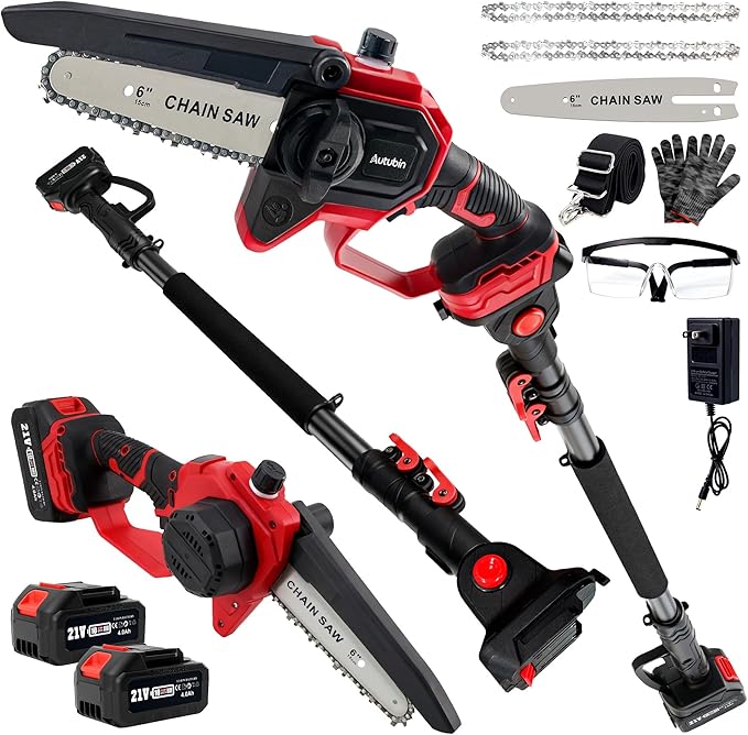 Autubin 6'' Cordless 2-in 1 Pole Saw Mini Chainsaw, Extendable Electric Pole Saw for Tree Trimming, Brushless Motor, Battery Operated with 2*4.0Ah Batteries&Charger, Extension Pole for 16 FT Max Reach