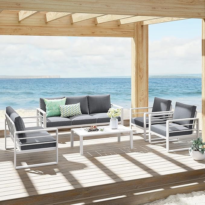 Patiorama Aluminum Patio Furniture Set, 2 PCS Outdoor Armchairs Single Sofa Couch, All Weather White Metal Chair with Olefin Cushion, Deep Seating, 300 lbs Capacity, Deck, Garden-Grey Cushion