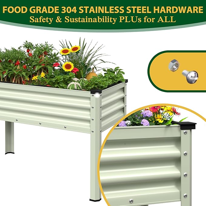 Galvanized Raised Garden Bed with Legs, 48" W x 24" D x 32" H Large Metal Elevated Raised Planter Box with Drainage Gaps for Backyard, Patio, Balcony, 507lbs Capacity, Beige