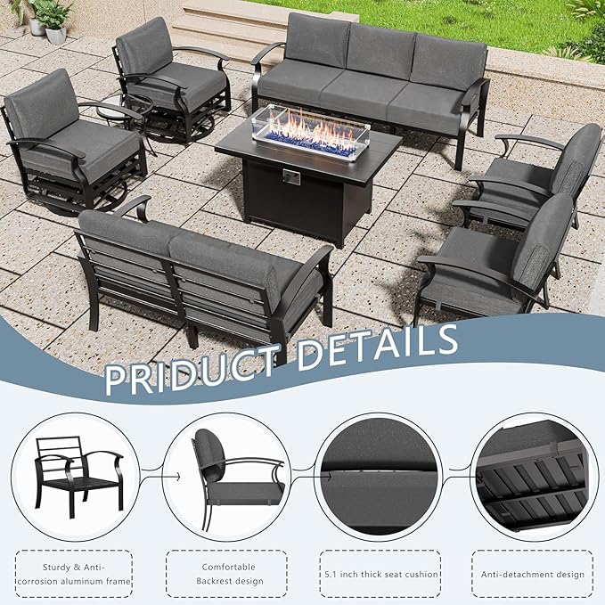 Aluminum Patio Furniture Set with Fire Pit Table, 9 Seats Outdoor Patio Conversation Set with Swivel Chair Modern Metal Patio Sectional Sofa with Upgrade Cushions for Patio, Backyard (Grey)
