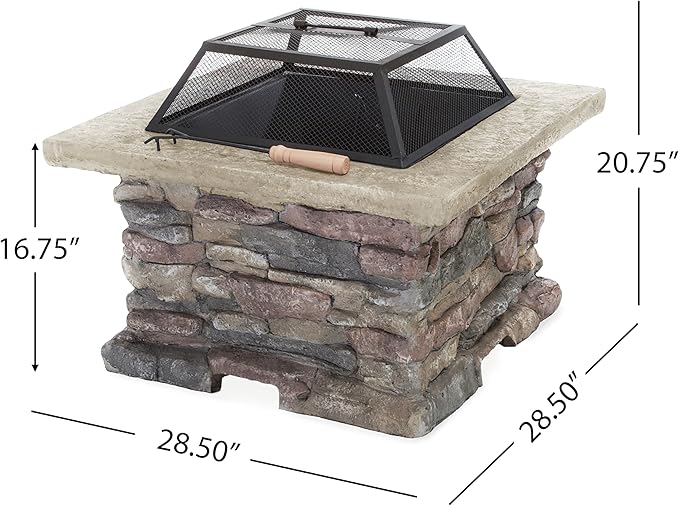 Outdoor Fire Pit Table, 28.5 Inch Wood Burning Fire Pit for Patio with Spark Screen, Fire Poker, MGO Square Fireplace for Camping, Garden, Backyard, Bonfire Party, Stone Gray