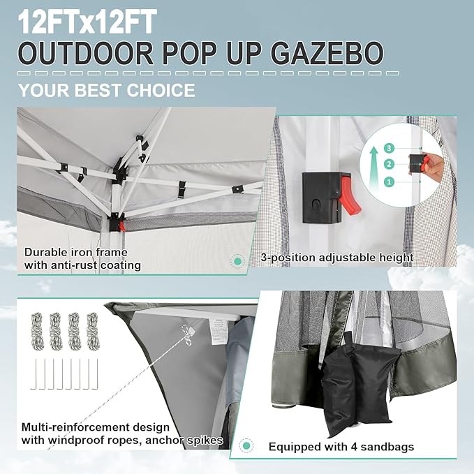 COBIZI 12x12 Pop up Gazebo on Clearance with Mosquito Netting & Sandbags, Outdoor Canopy Tent with 4 Ropes 8 Stakes & Portable Carrying Bag, Patio Portable Gazebo for Garden Backyard & Lawn,Darkgrey