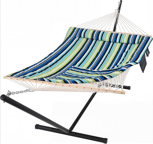 SUNCREAT Hammocks Double Cotton Rope Hammock with Polyester Pad, Heavy Duty Hammock with Steel Stand, Blue&Green
